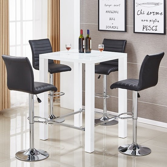 Jam Glass Bar Table Set In White Gloss 4 Ripple Black Stools