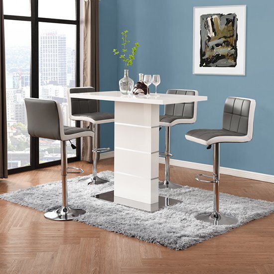 Parini Gloss Bar Table In White With 4 Copez Grey White Stools
