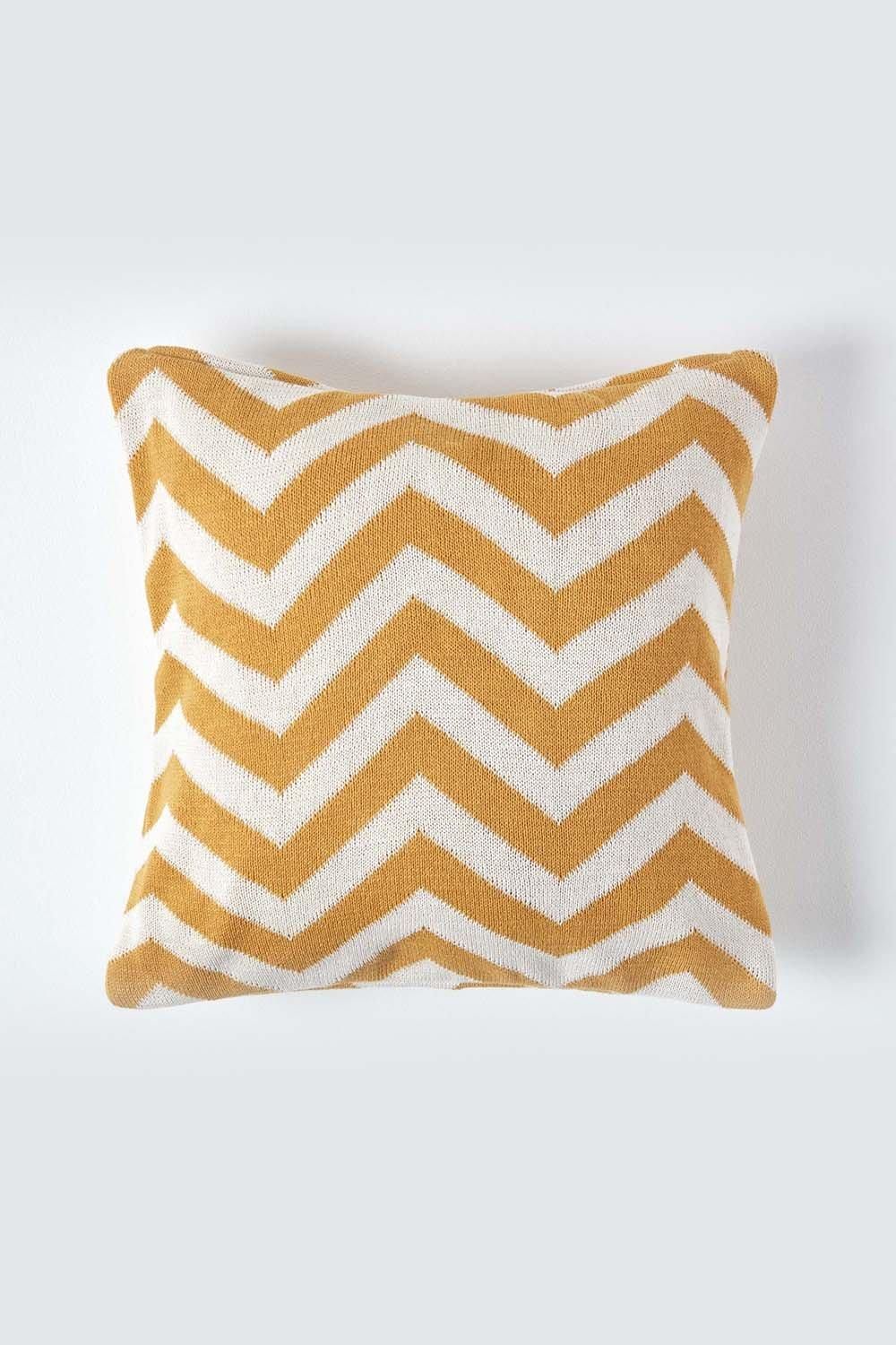 Homescapes Geometric Cotton Knitted Cushion Cover in Mustard