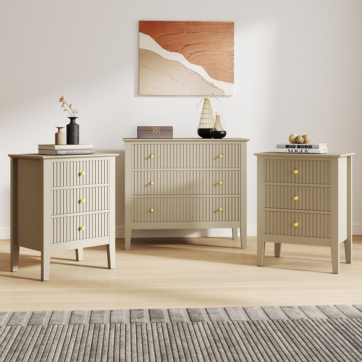 Melody Maison 3 Drawer Chest Of Drawers & Pair Of Bedside Tables - Hales Taupe Range in Beige