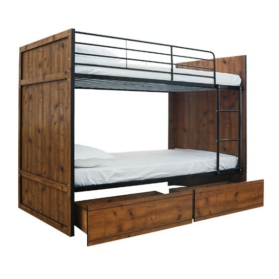 Janessa Bunk Bed In Vintage Oak With Black Frame And 2 Drawers