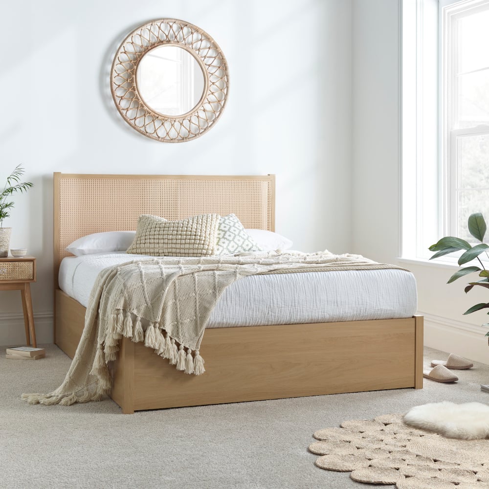 Carson - King Size - Rattan Ottoman Storage Bed - Oak - Wooden - 5ft - Happy Beds