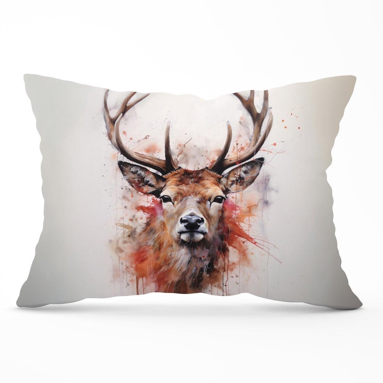 Warren Reed - Designer Watercolour Splashart Stag Face Cushions in Brown