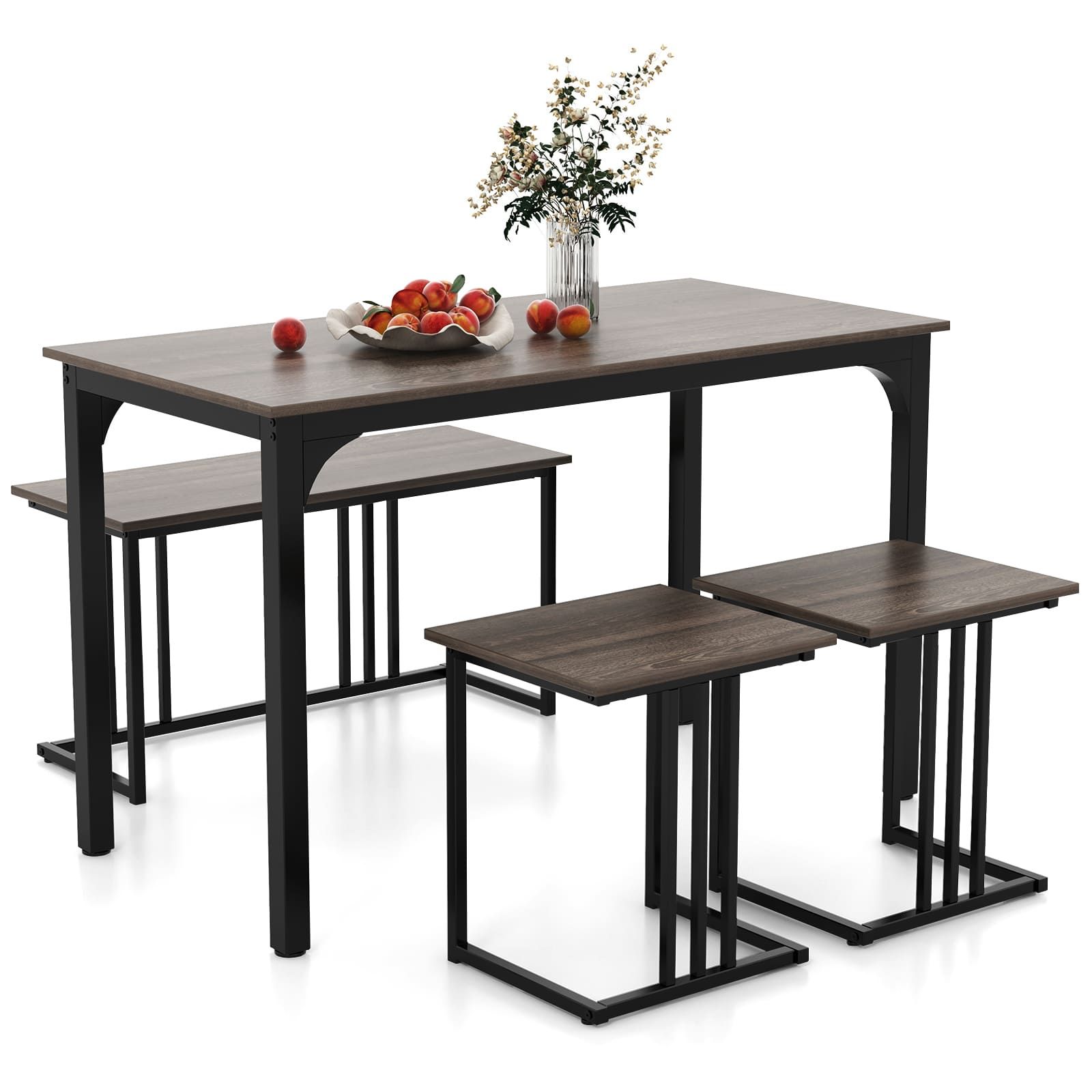 Costway 4-Piece Dining Table Set Industrial Dining Table W/ Bench & 2 Stools Grey