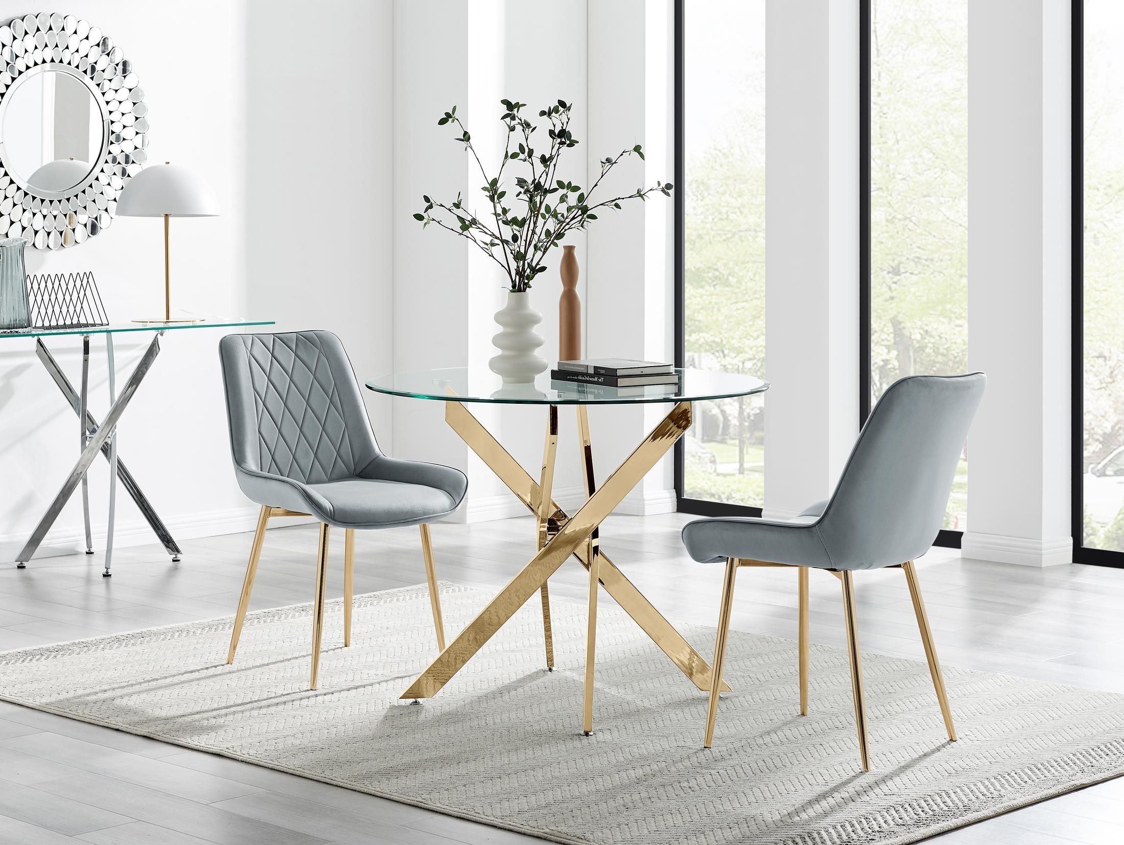 FurnitureboxUK Novara 100cm Round Gold Leg Dining Table & 2 Pesaro Gold Leg Chairs in Grey