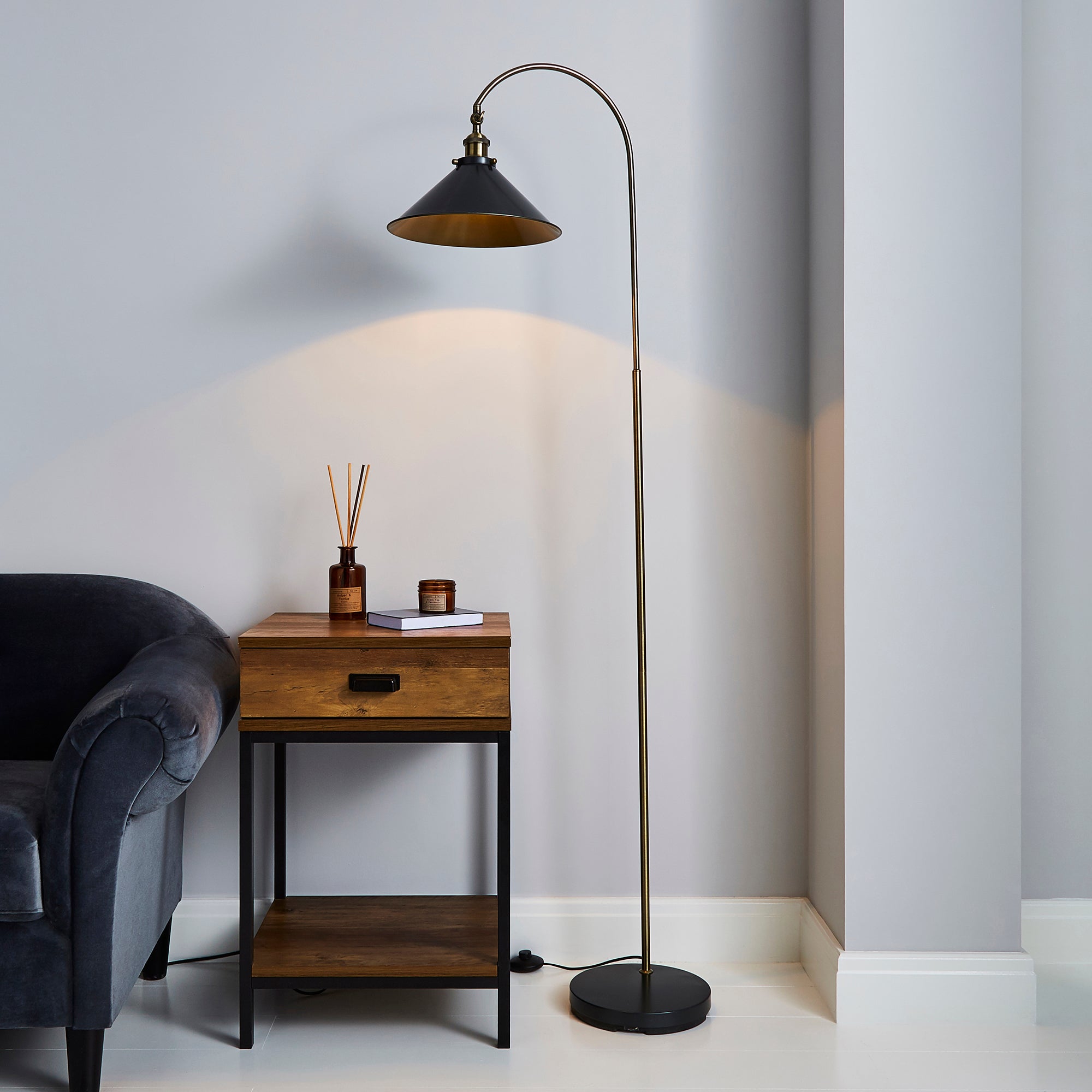 Logan Grey Industrial Floor Lamp Dark industrial Nickel, Antique Brass