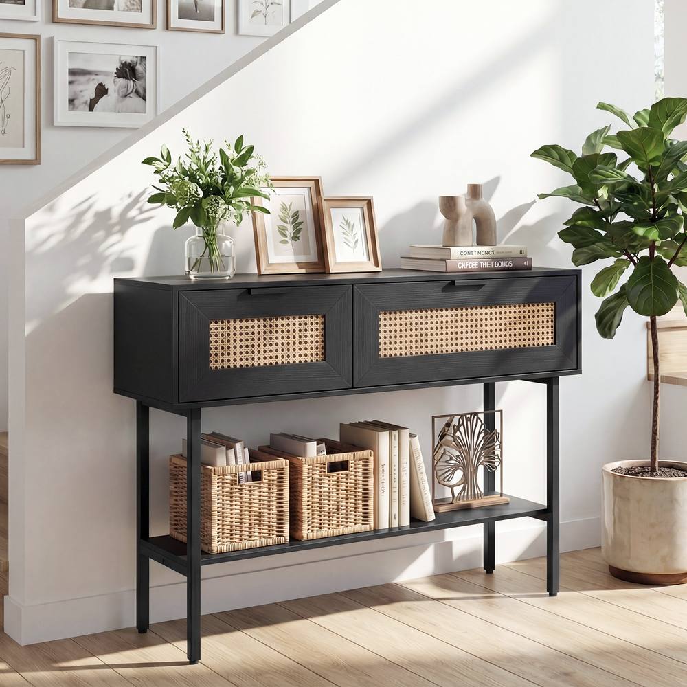 Costway Rattan Console Table Boho Entryway Table w/ Flip Doors & Open Shelf in Black