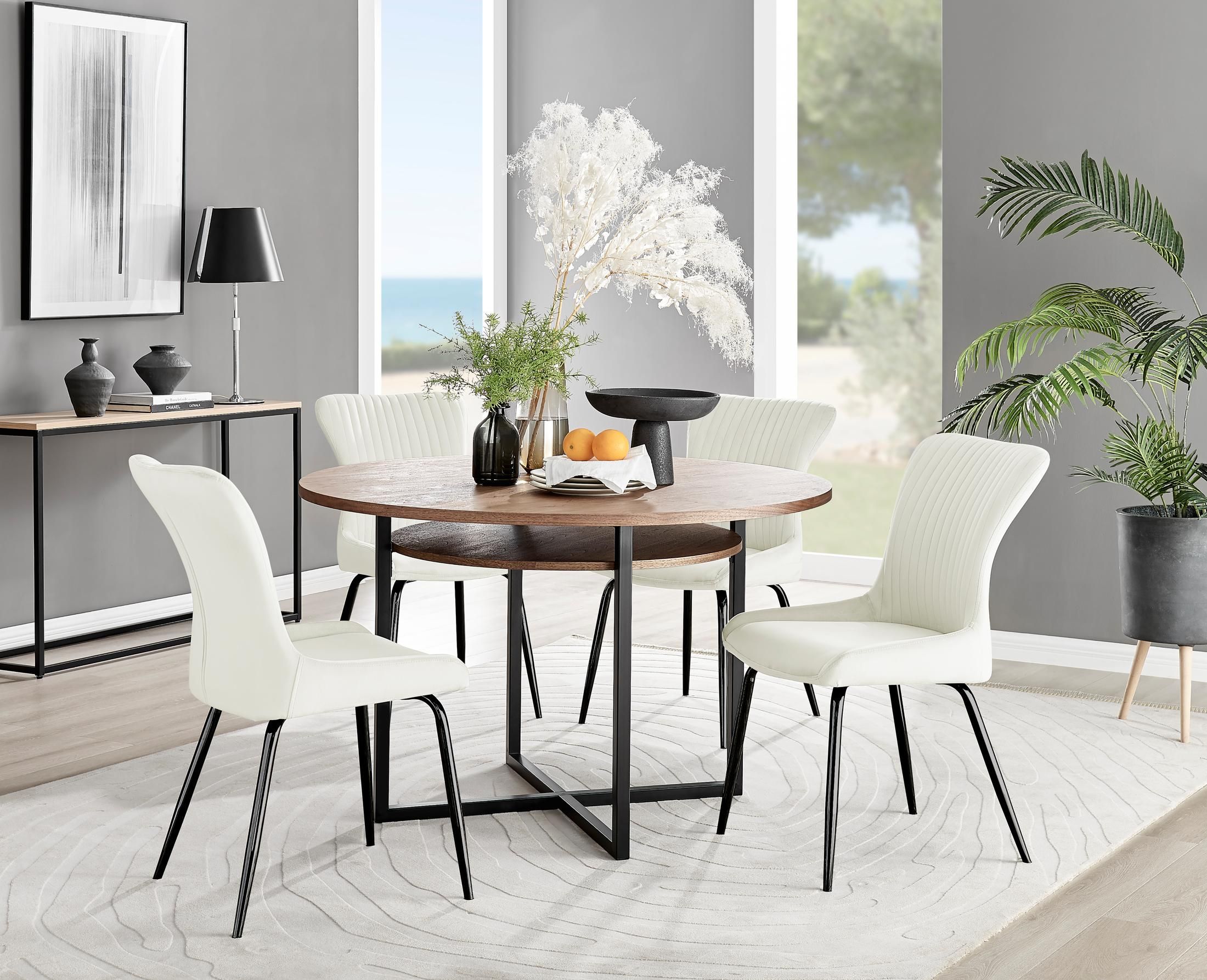 FurnitureboxUK Adley Brown Wood Storage Dining Table & 4 Nora Black Leg Chairs in Cream