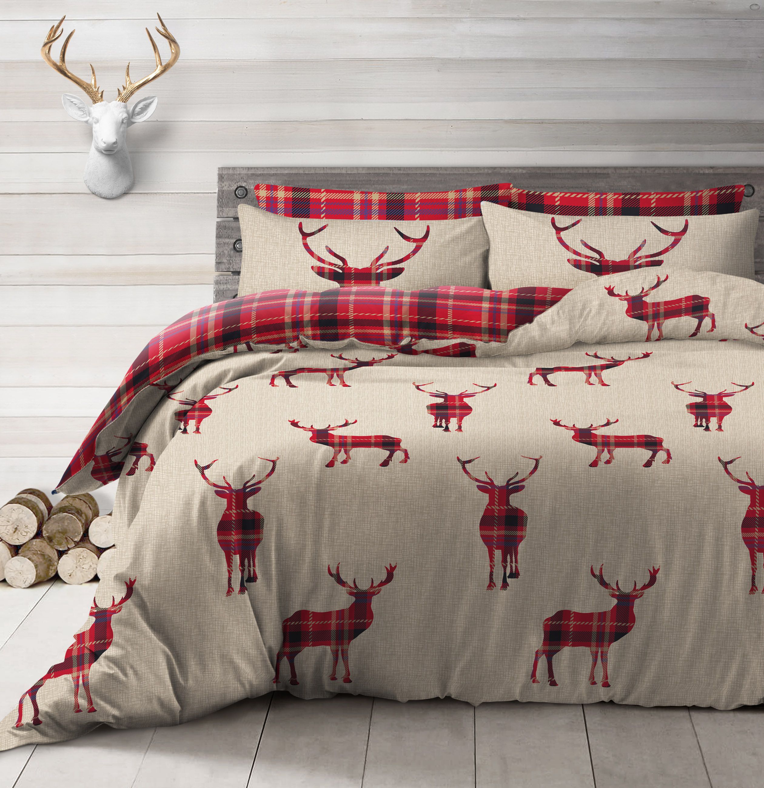 Velosso Stag Reversible Cotton Rich Printed Duvet Cover & Pillowcase Set in Natural