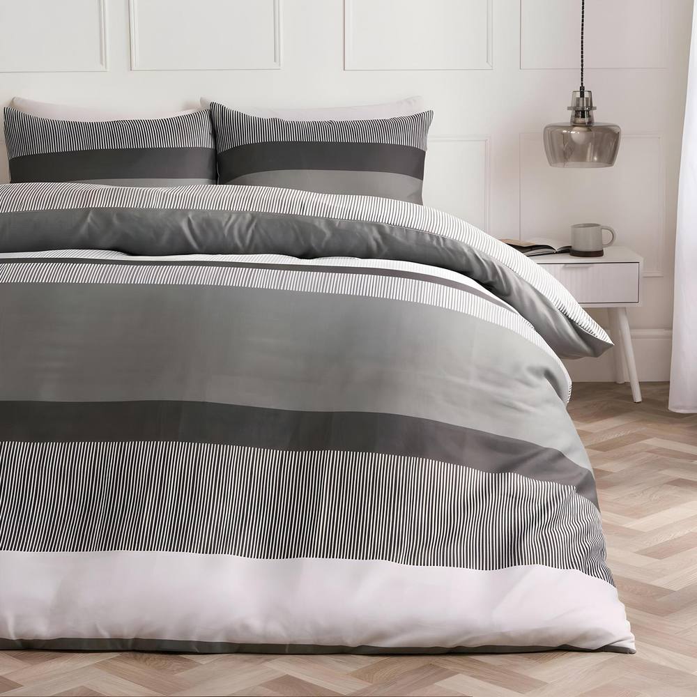 OHS Multi Stripe Bedding Set Microfibre Duvet Cover with Pillowcase in Grey