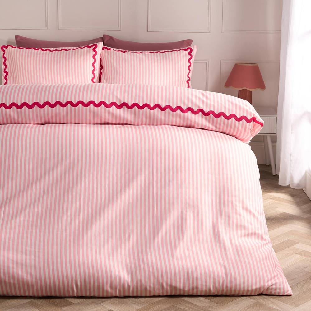 OHS Stripe Wave Border Bedding Set Microfibre Duvet Cover with Pillowcase in Pink