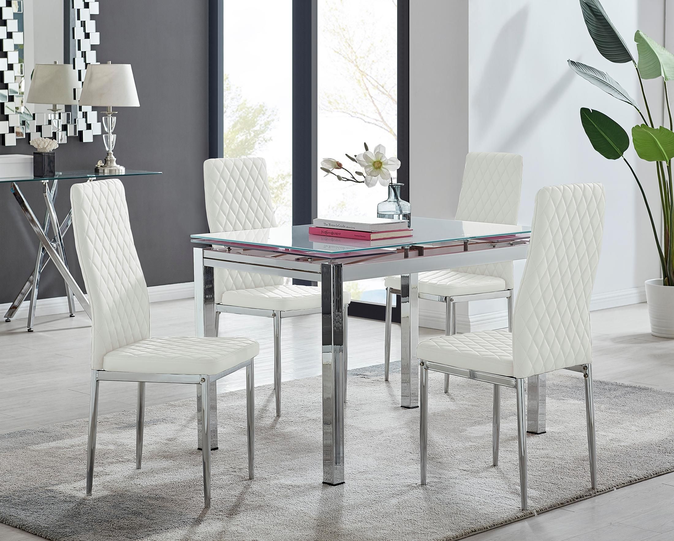 FurnitureboxUK Enna White Glass Extending 4-6 Seater Dining Table & 4 Milan Faux Leather Chairs