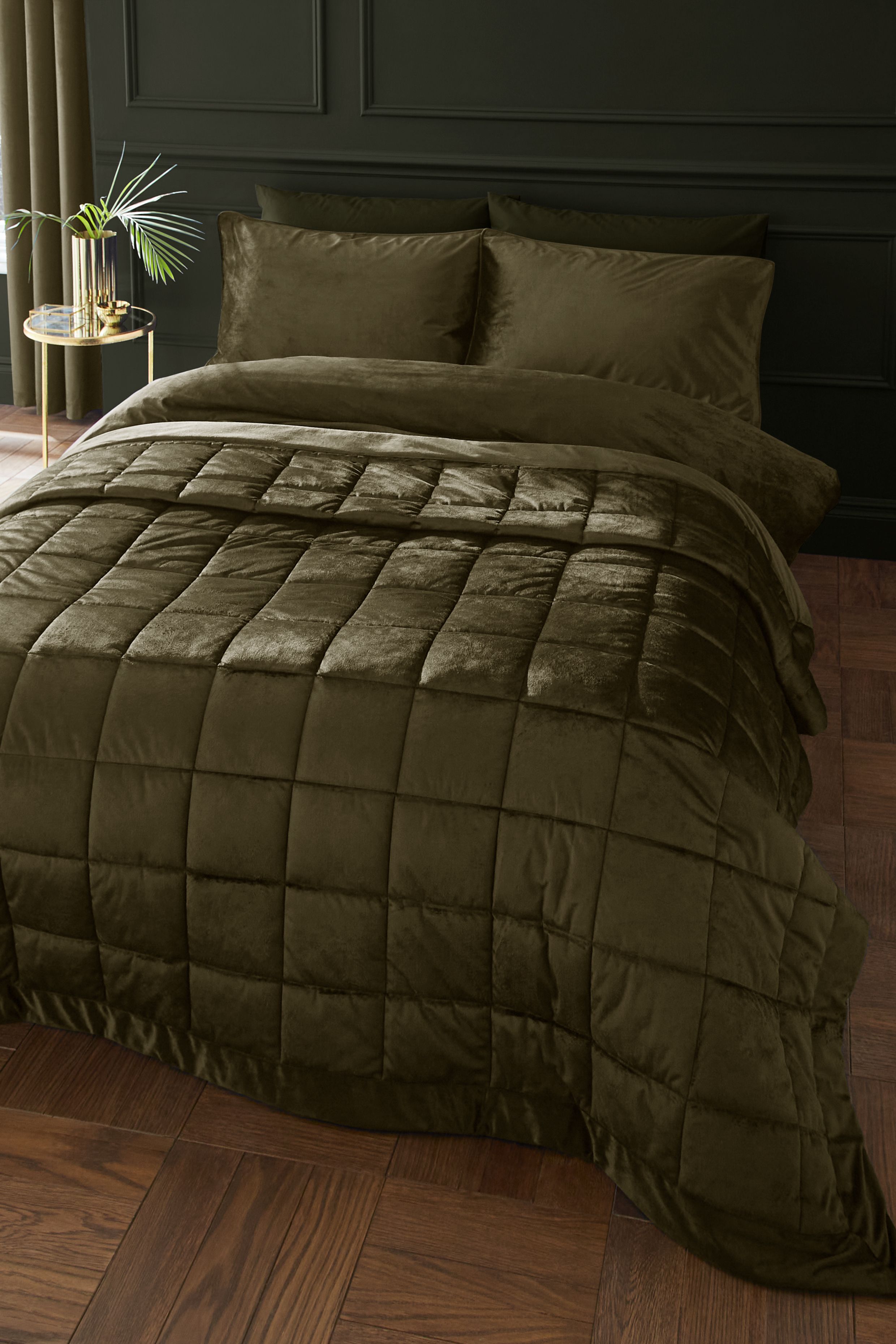 Catherine Lansfield 'Kingsley Matt Velvet' Quilted Bedspread in Olive