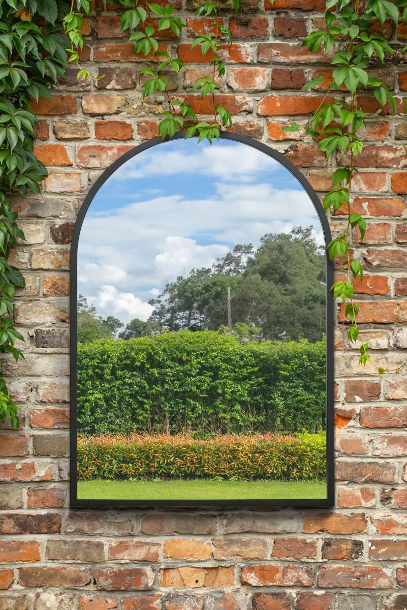 MirrorOutlet Black Metal Framed Arched Garden Wall Mirror 39" X 27" (100CM X 70CM)