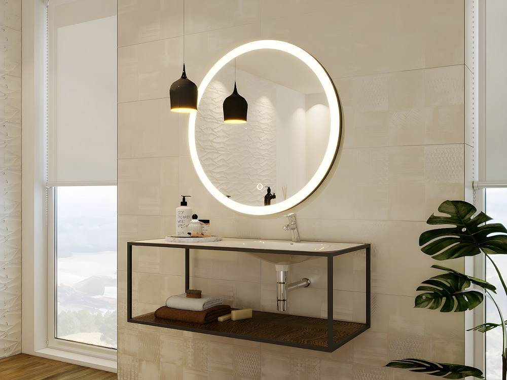 Vente-unique Round Illuminated Black Bathroom Mirror With Leds - D. 80 Cm - NUMEA