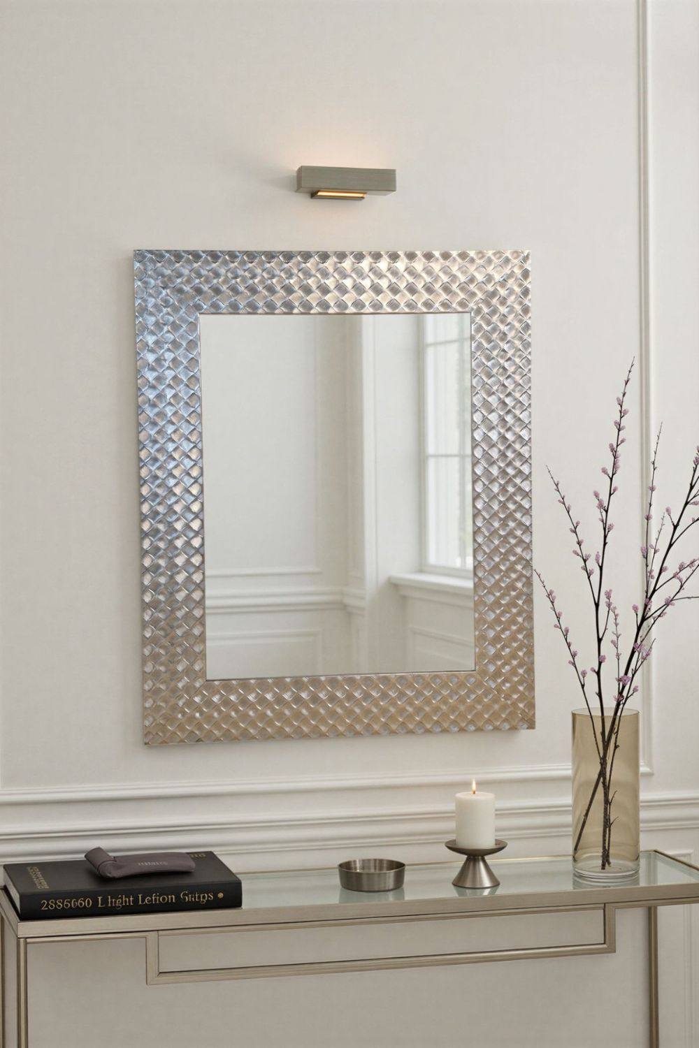 Yearn Mirrors Hammered Silver Framed Bevelled Mirror in Metallic Silver