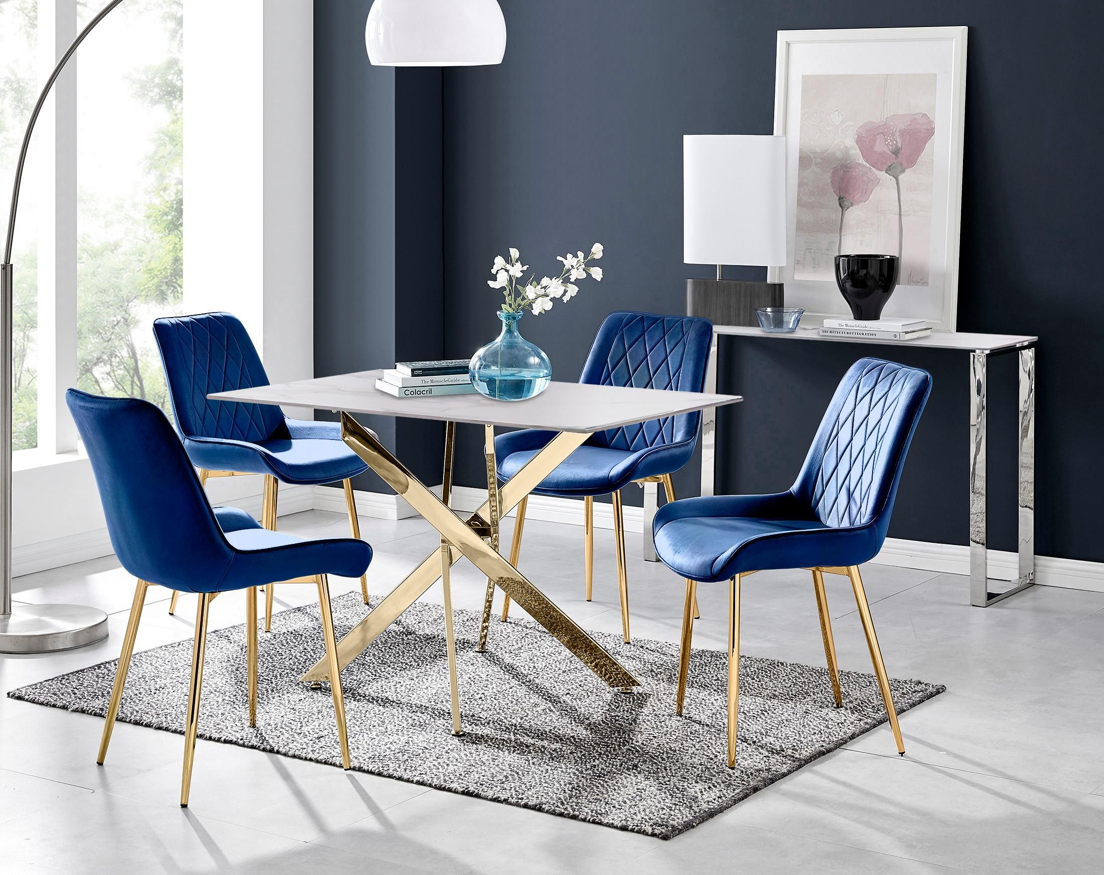 FurnitureboxUK Leonardo White Glass Marble Effect Gold Leg Table & 4 Pesaro Gold Leg Chairs in Navy