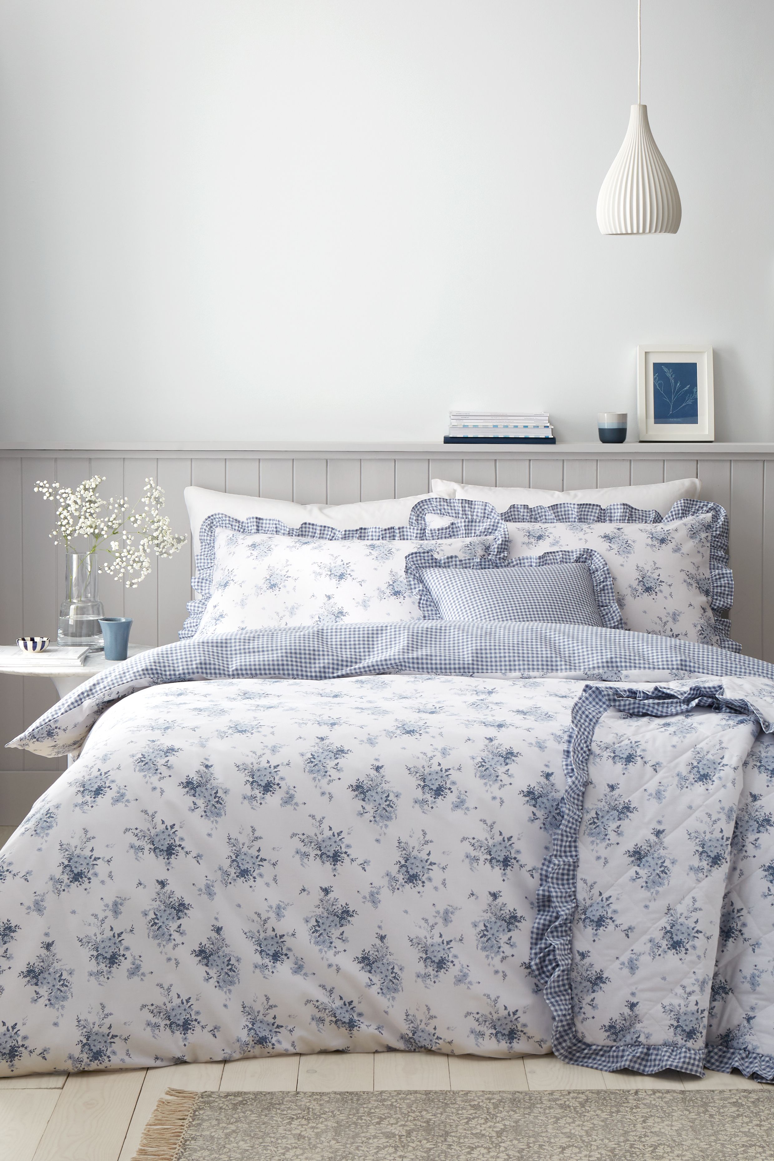 Catherine Lansfield 'Lucie Floral Frill' Reversible Duvet Cover Set in Blue