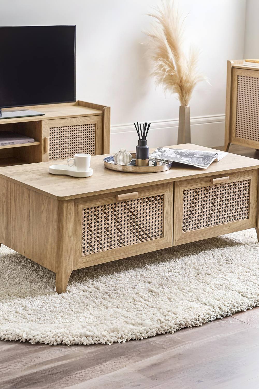 Julian Bowen Sydney Rattan Print 2 Drawer Coffee Table in Light Oak
