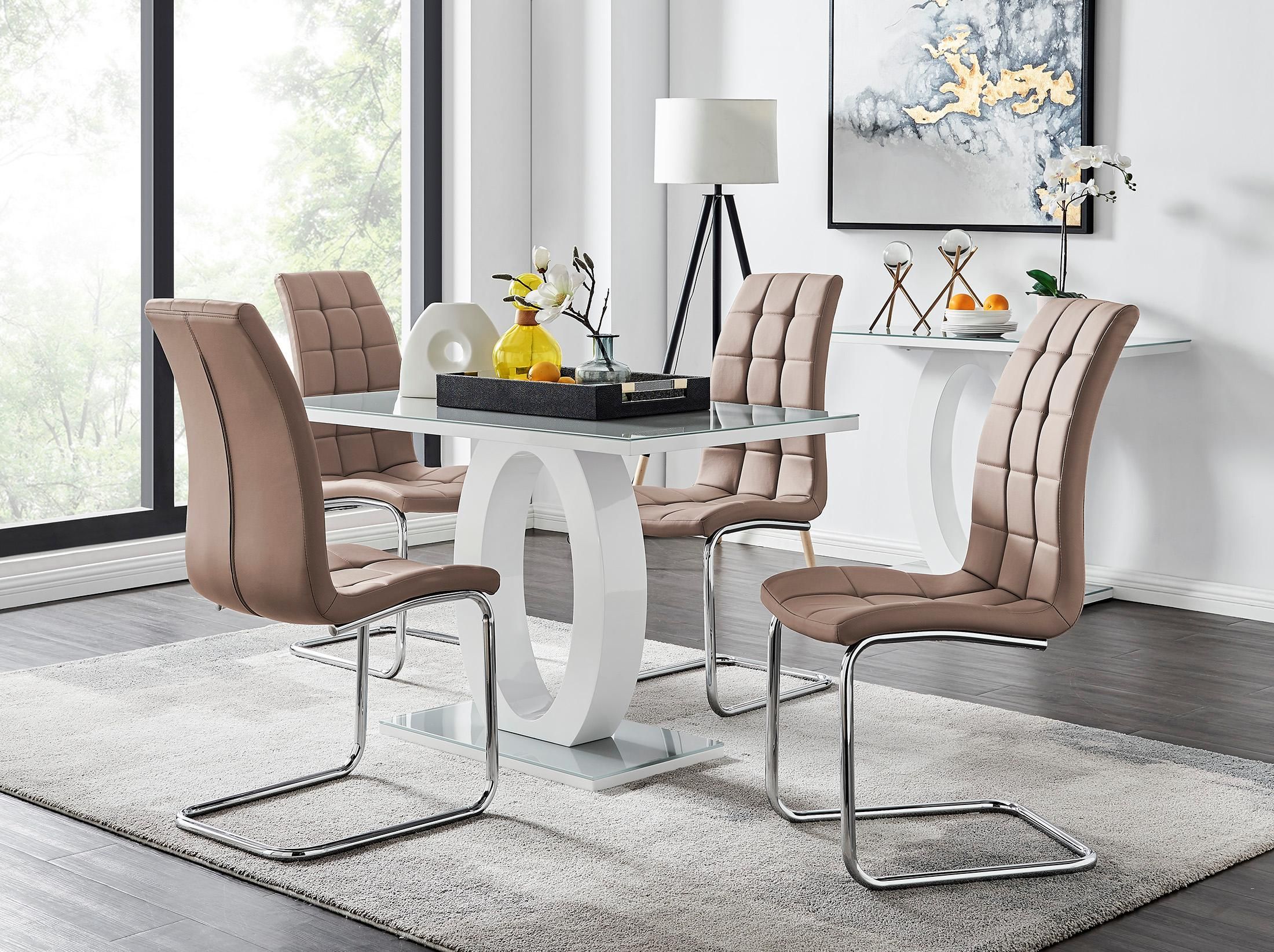 FurnitureboxUK Giovani Grey White Modern High Gloss & Glass Dining Table & 4 Murano Chairs Set in Beige