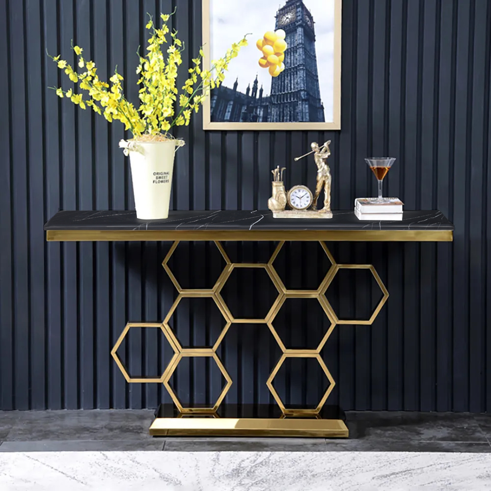 1500mm Modern Rectangle Black Marble Console Table Narrow Entryway Table