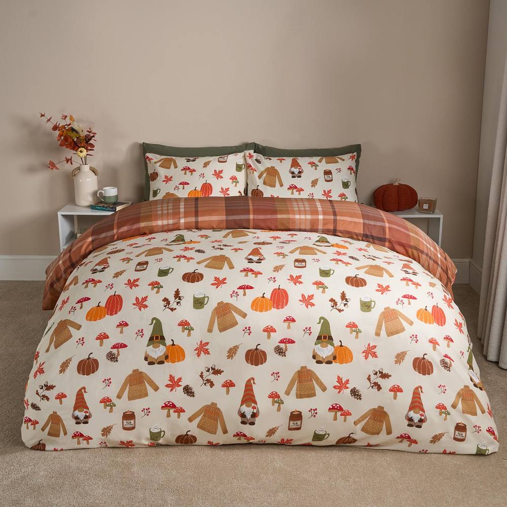 OHS Autumn Gonk Reversible Check Duvet Cover Set with Pillowcase in Beige