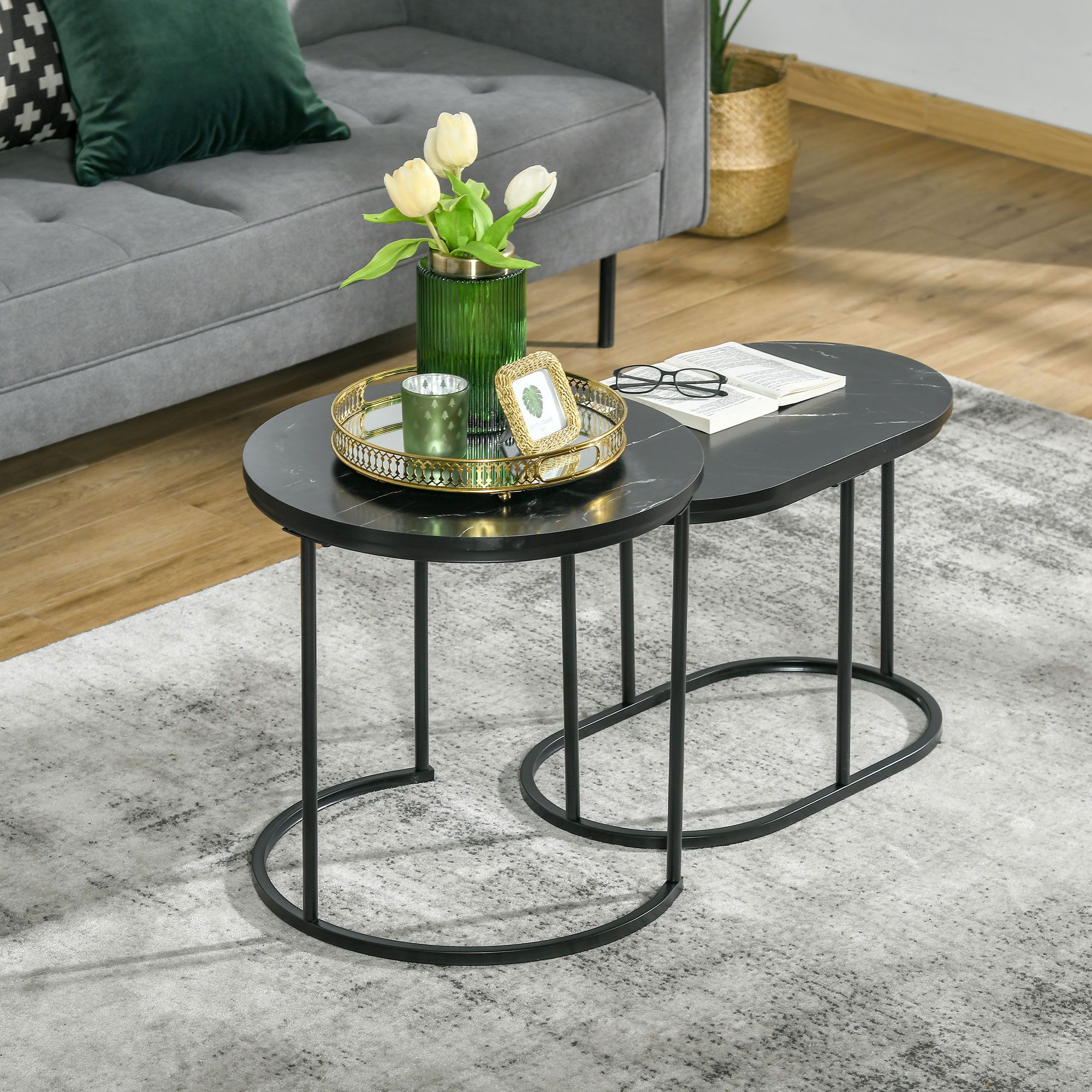 HOMCOM 2 Pcs Modern Coffee Table with Faux Marble Tabletop Black