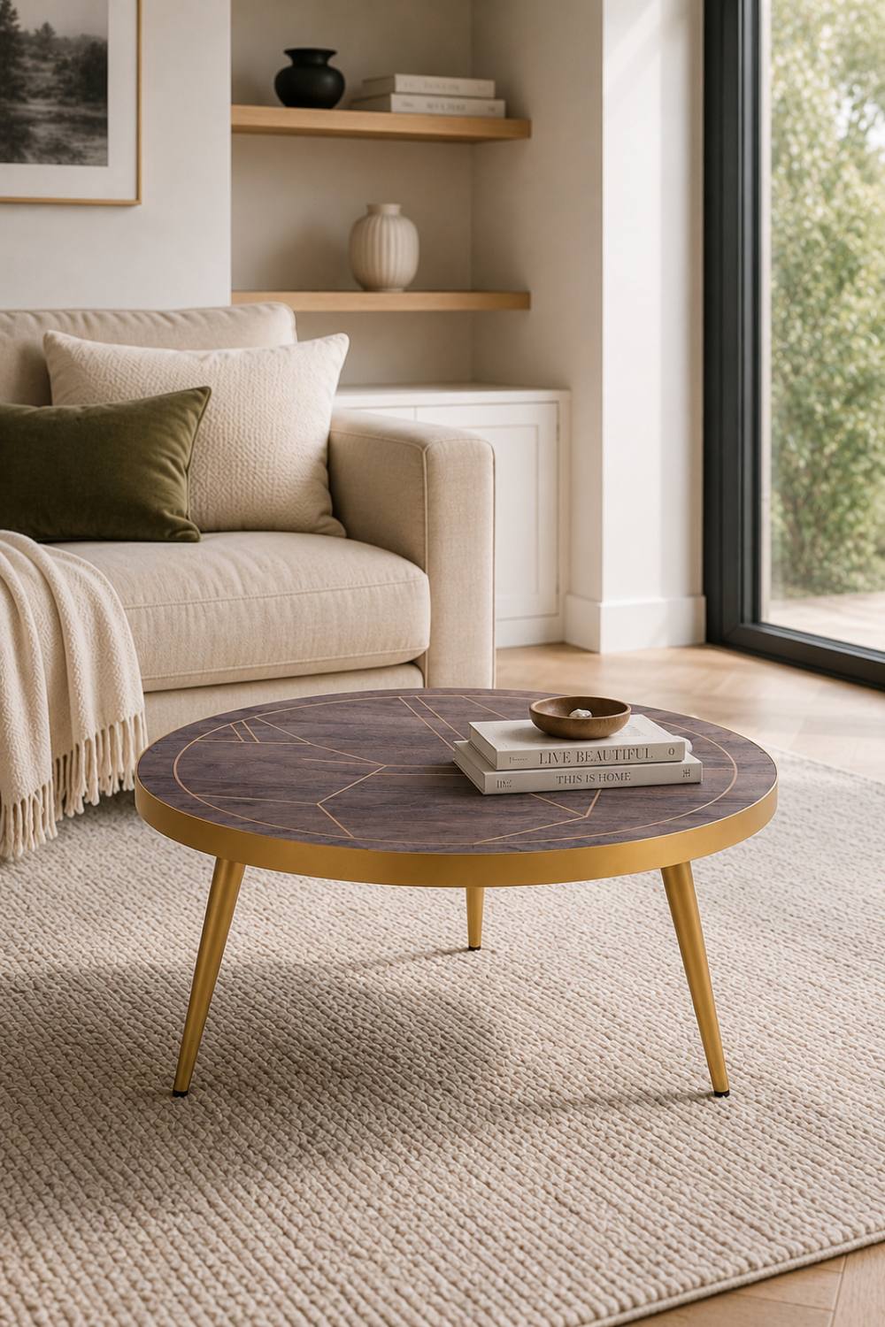 IH Design Silchester Round Coffee Table Dark Mango Walnut Gold Inlay in Brown