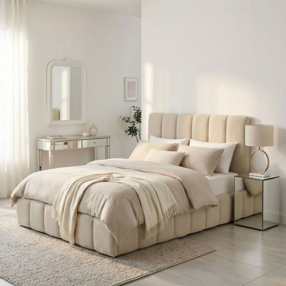 FurnitureboxUK Trifle Beige Boucle Fabric Ottoman Double Bed Frame