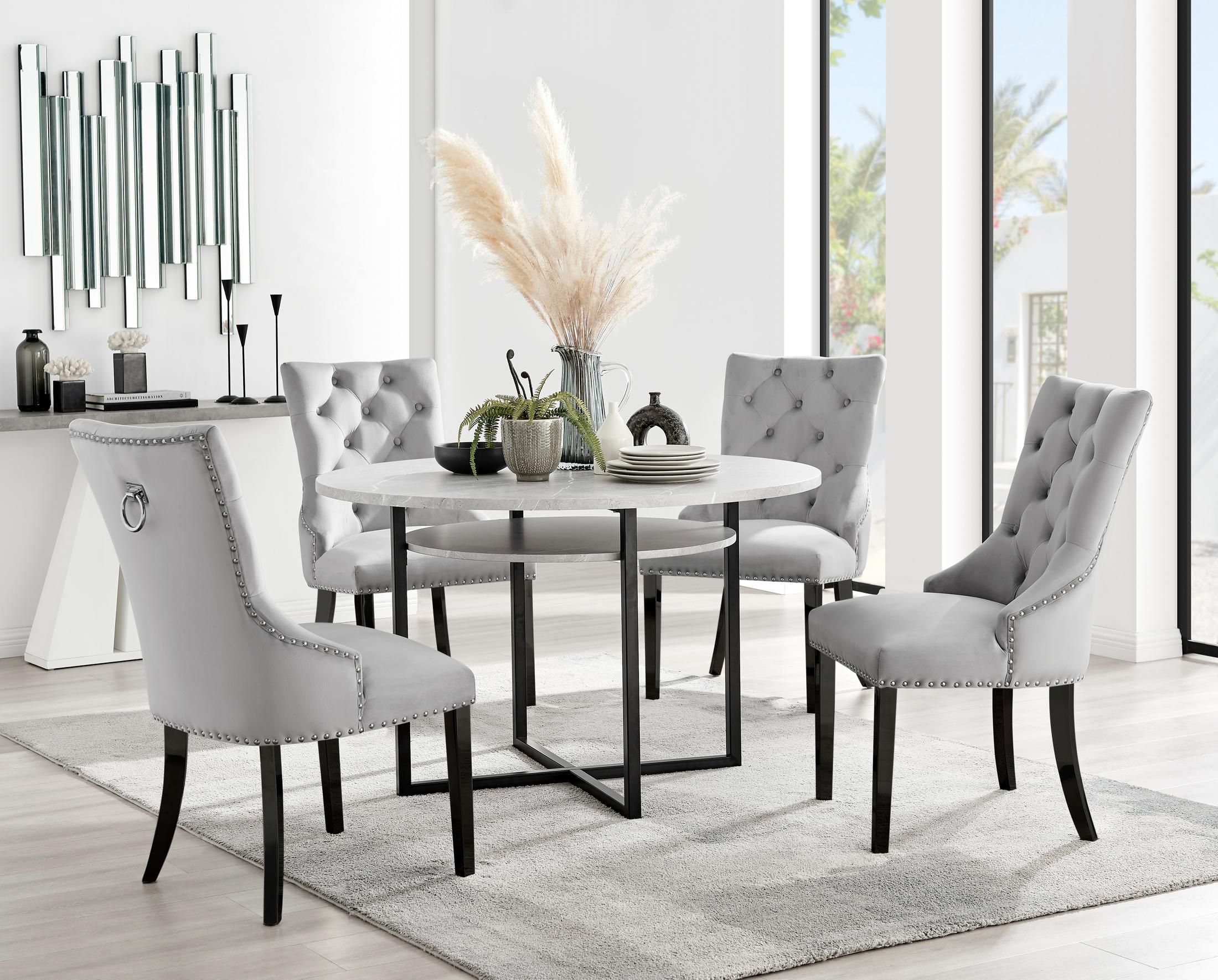 FurnitureboxUK Adley Grey Concrete Effect Round Dining Table & 4 Belgravia Velvet Black Leg Chairs