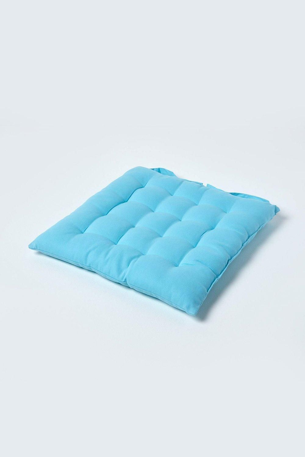 Homescapes Seat Pad Luxury 100% Cotton Indoor Outdoor Garden Cushion, Button Tie, 40cm in Light Blue