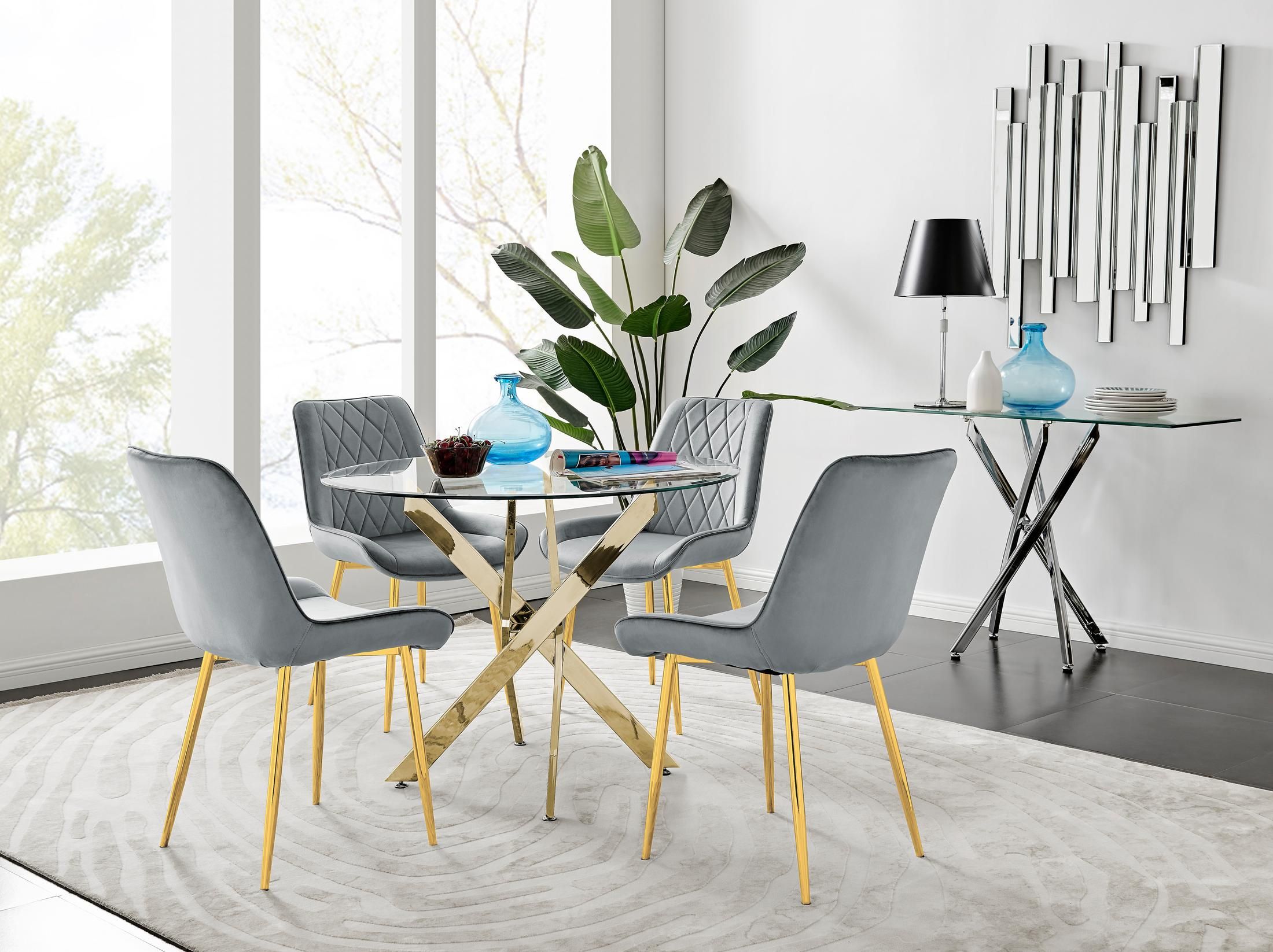 FurnitureboxUK Novara 100cm Round Tempered Glass Dining Table with Gold Legs & 4 Pesaro Velvet Chairs in Grey