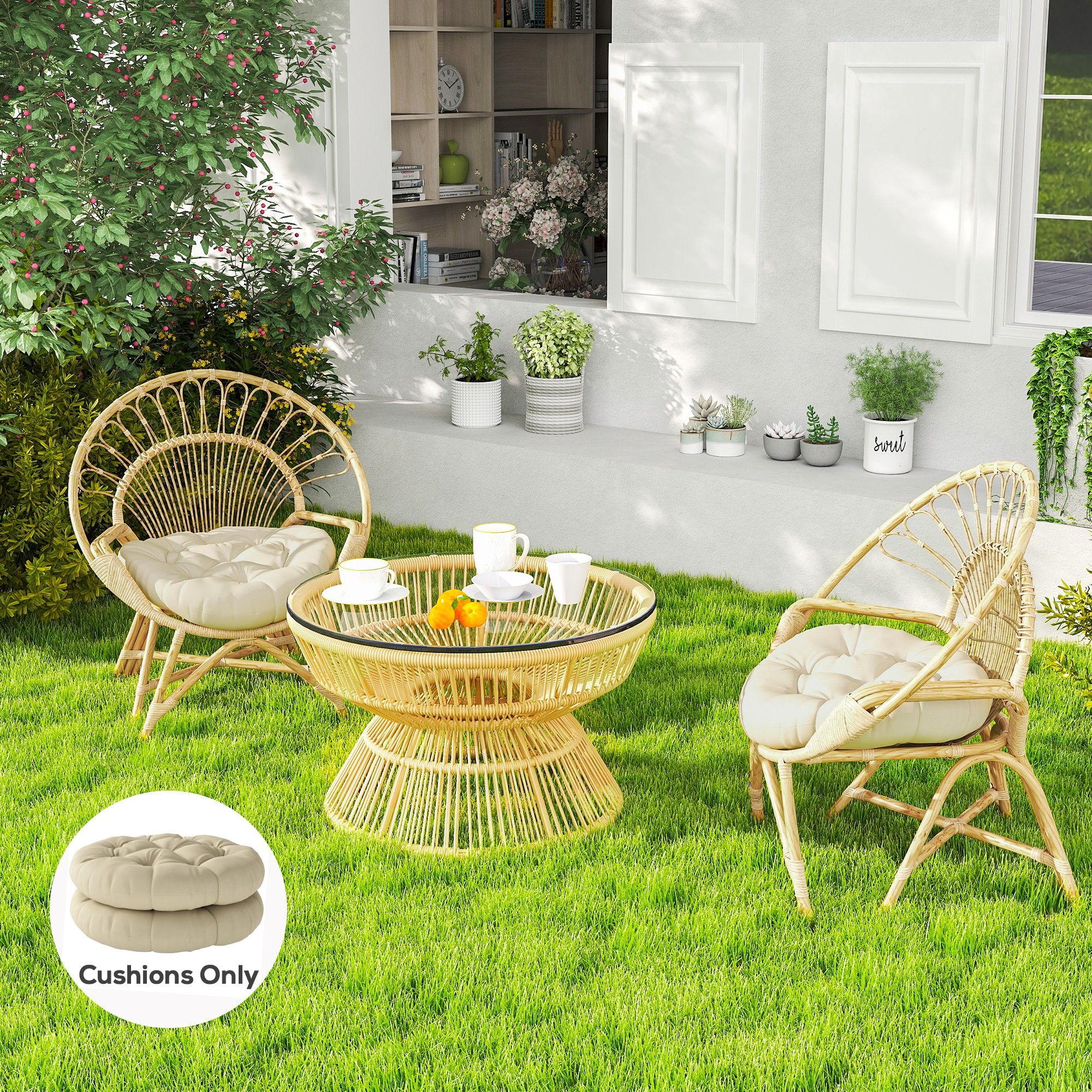 OUTSUNNY Outdoor Seat Cushions Set of 2, Tufted Round Chair Pads, Beige