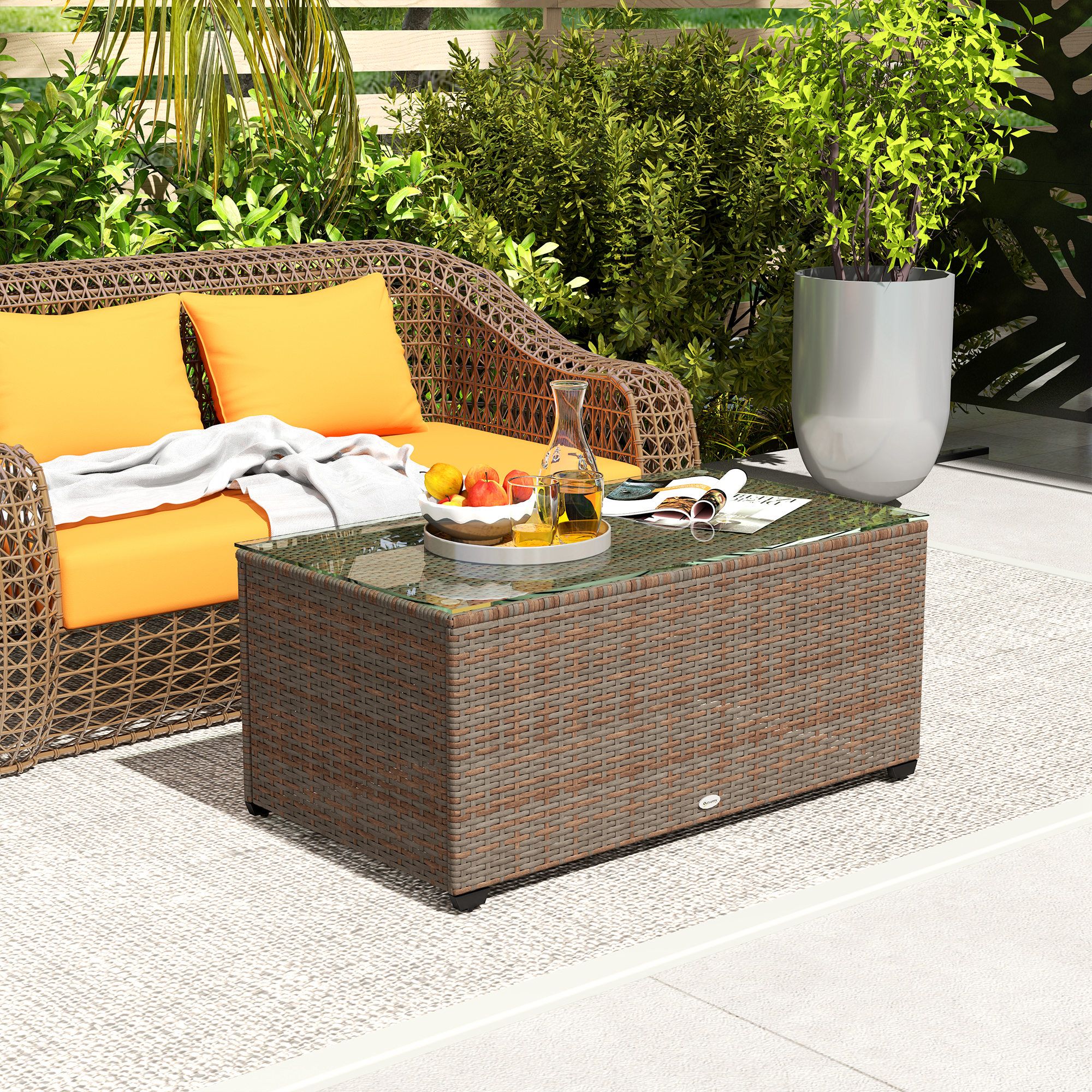 OUTSUNNY Outdoor Coffee Table, Glass Top Rattan Side Table in Brown