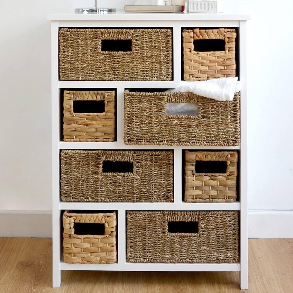 Statement Furniture Tetbury 8 Drawer Storage Unit White with Hyacinth & Seagrass Baskets