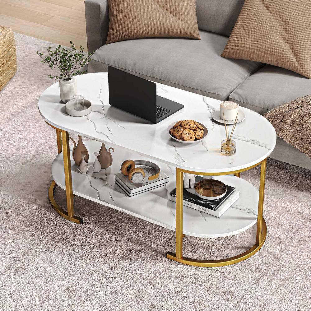 Costway Oval Coffee Table 2-Tier Living Room Center Table with Storage in White