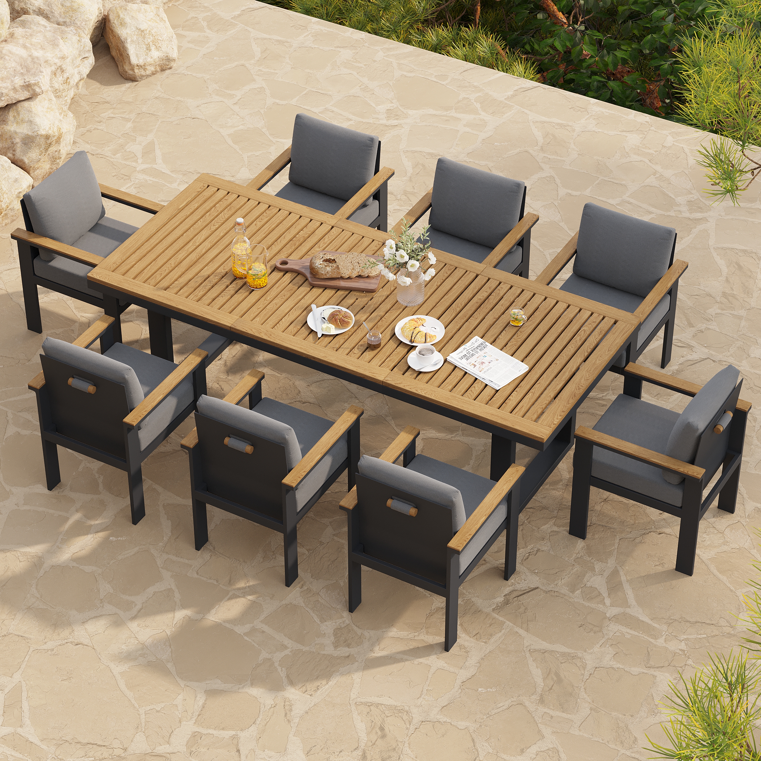 Rectangle Teak Wood & Aluminum Outdoor Patio Dining Table Modern Yard & Patio Furniture for 6 - 8 Person Teak & Aluminum Outdoor Dining Chair