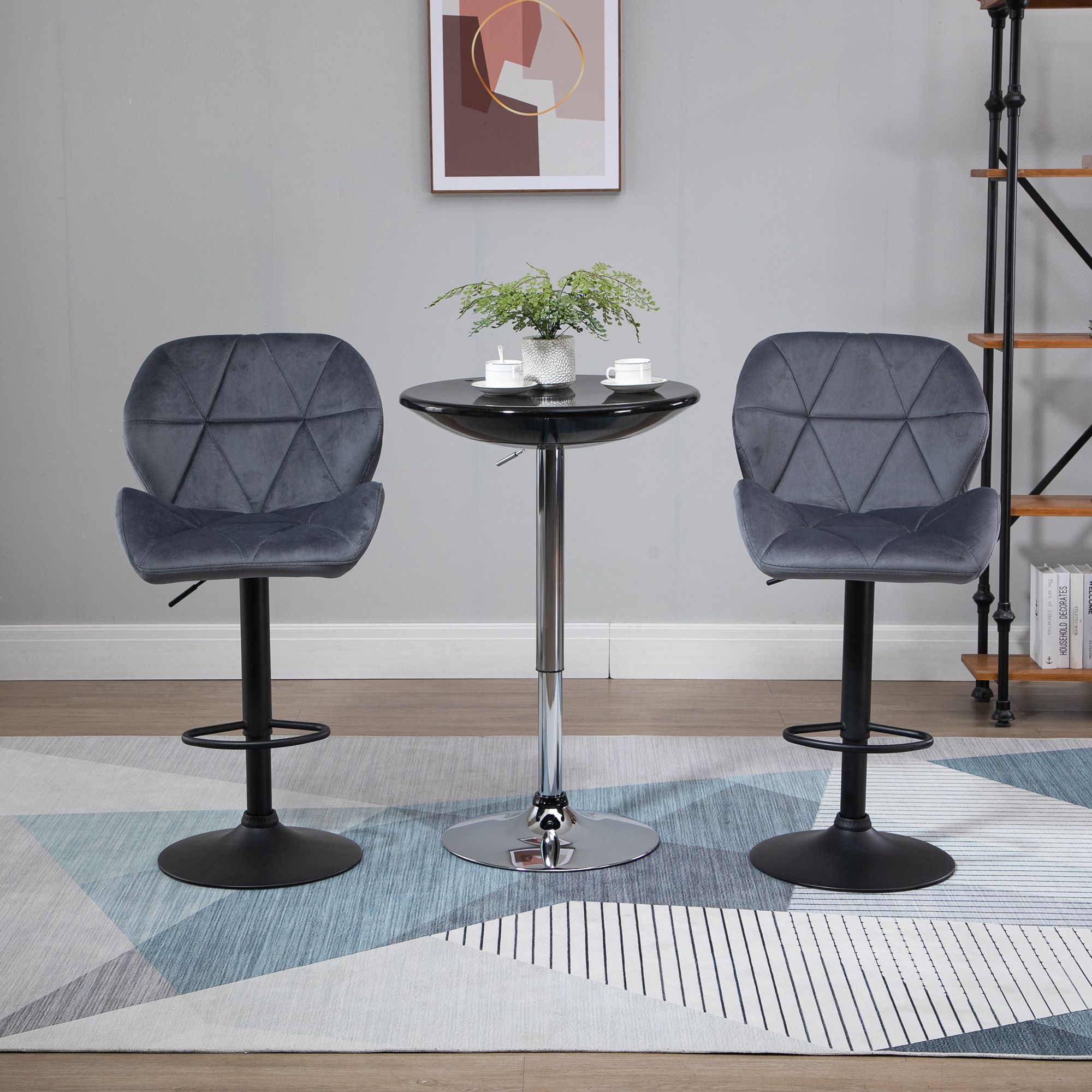 HOMCOM Velvet Bar Stools Set of 2 Back Padded Swivel Chairs for Breakfast in Dark Grey
