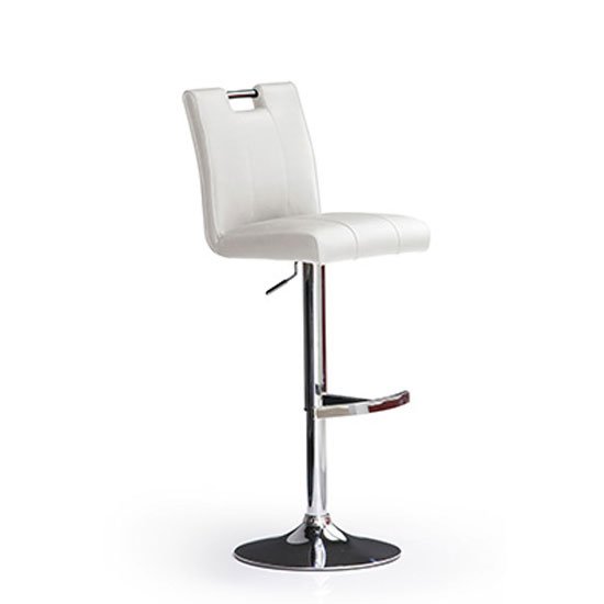 Casta White Bar Stool In Faux Leather With Round Chrome Base