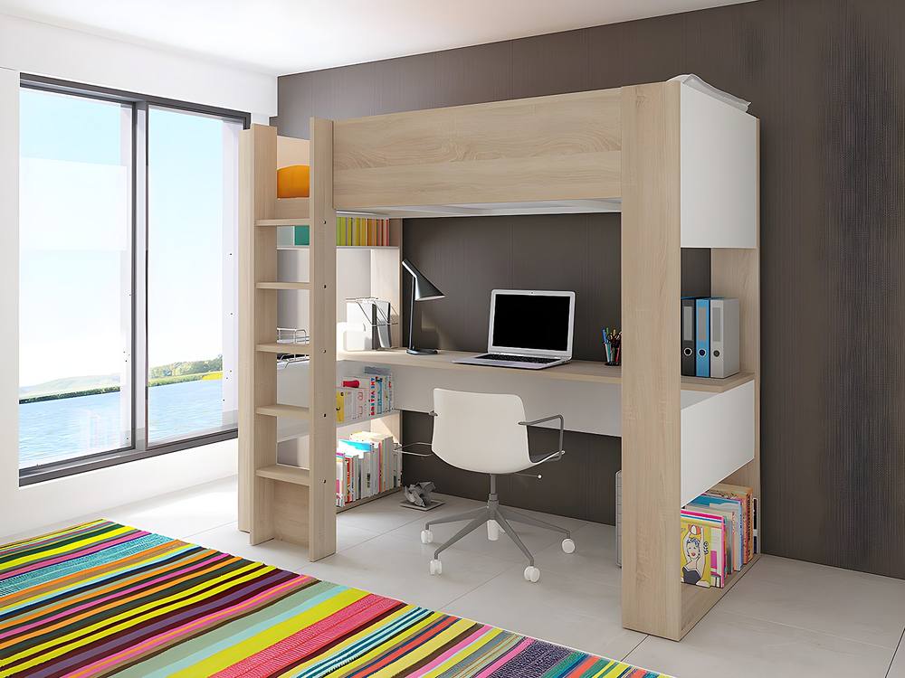 Vente-unique Loft Bed With Integrated Desk & Storage - 90 X 200 Cm - Oak and in Light Oak