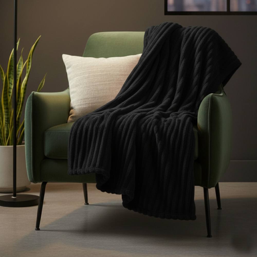 Snug City Chunky Ribbed Mink Throw Ultra Soft Warm Elegant Blanket for Sofa Bed in Black