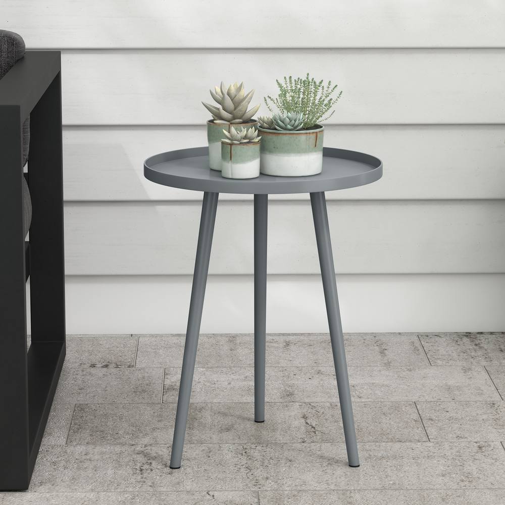 OUTSUNNY Round Garden Coffee Table, Outdoor Side Table with Rounded Edge in Grey