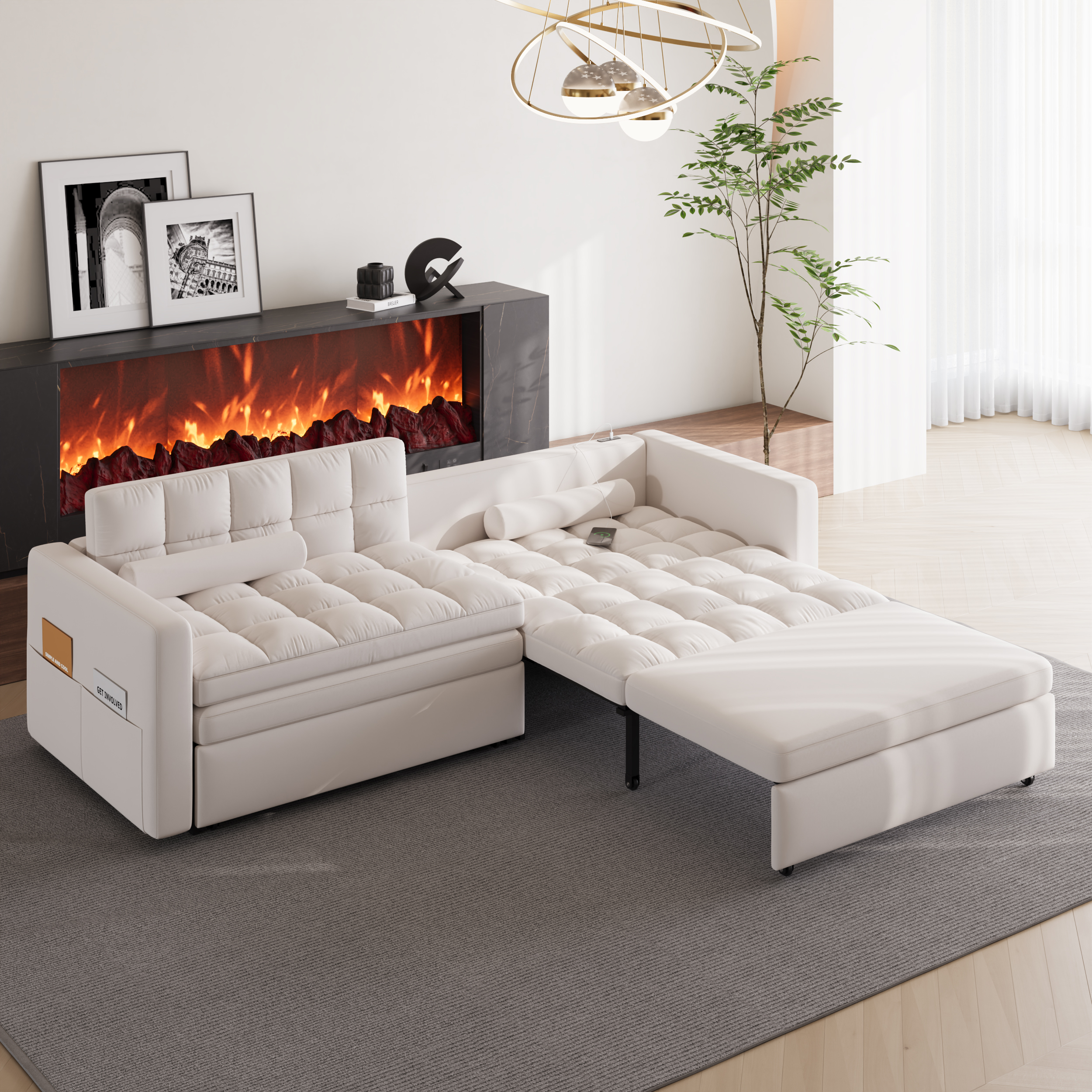 2400mm 2-Seater Modern Velvet Convertible Futon Sofa Bed with USB Charging