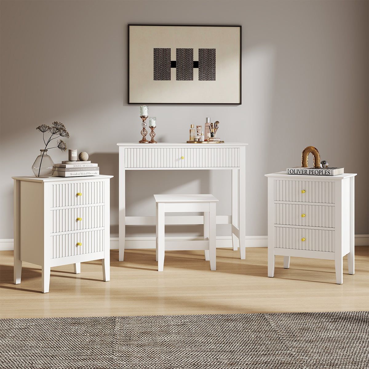 Melody Maison Dressing Table, Stool & Pair Of 3 Drawer Bedside Tables - Hales White Range