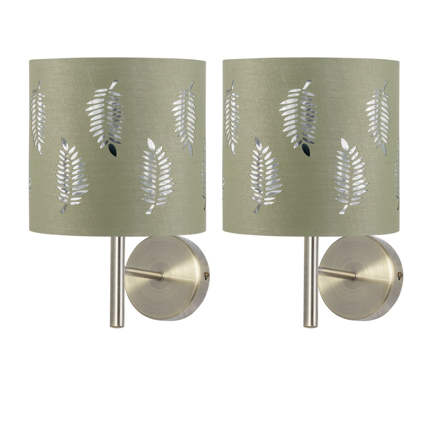 First Choice Lighting Set of 2 Brea - Antique Brass Wall Lights with Sage Green Fern Shades in Gold