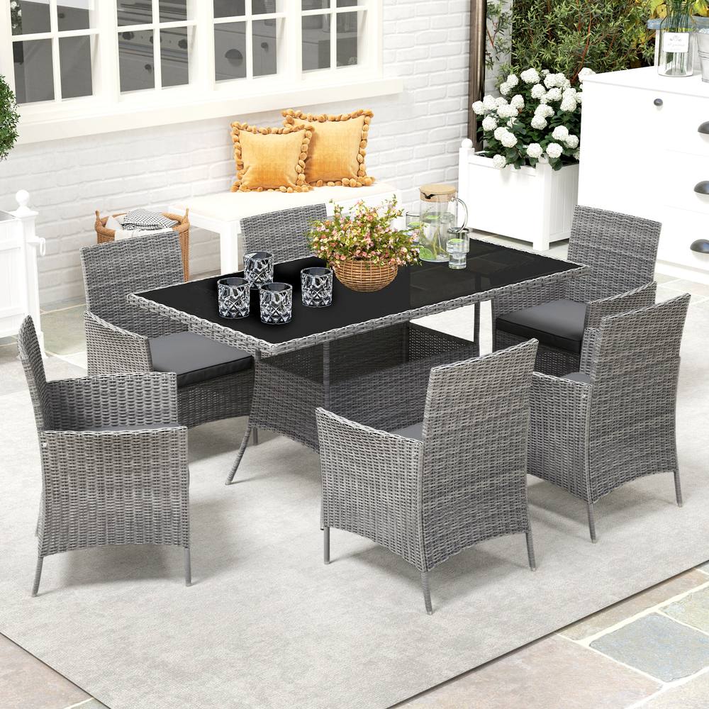 OUTSUNNY Rattan Dining Set for 6 with Cushions, Glass Top Table in Dark Grey