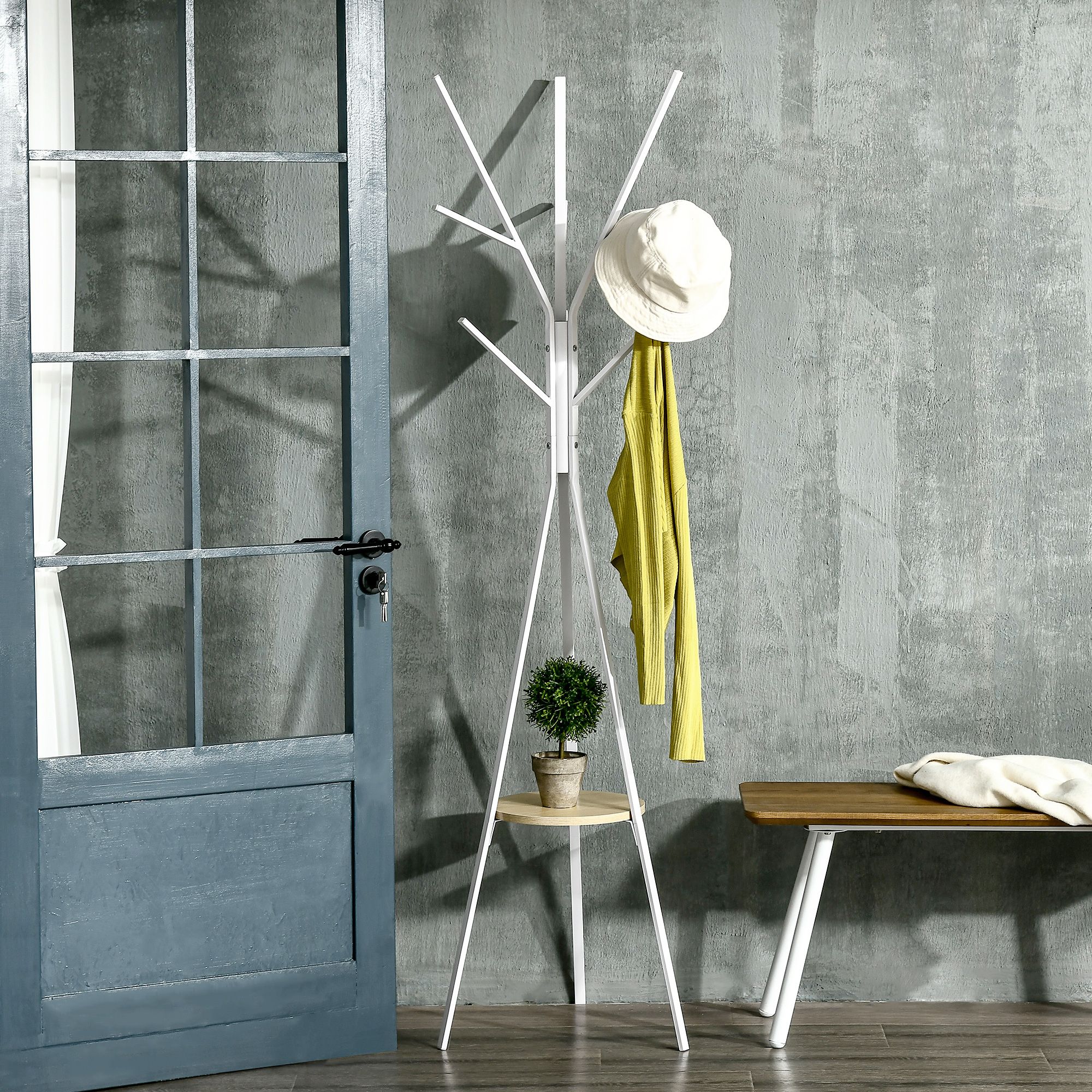 HOMCOM Free Standing Coat Rack Metal Shelf Holder Stand Display Clothes Hat in White