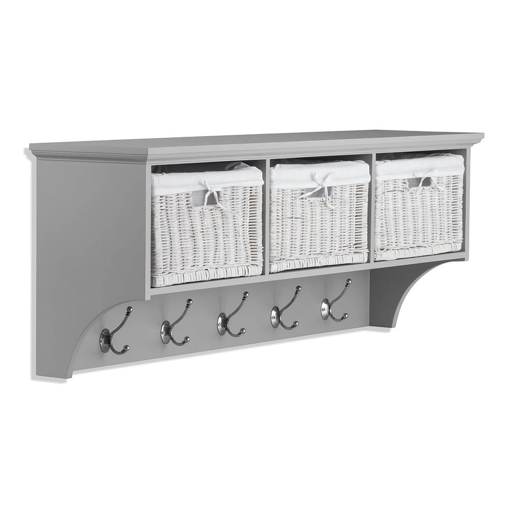 Statement Furniture Tetbury Large Hallway Coat Rack / Shelf with Wicker Storage Baskets in Light Grey