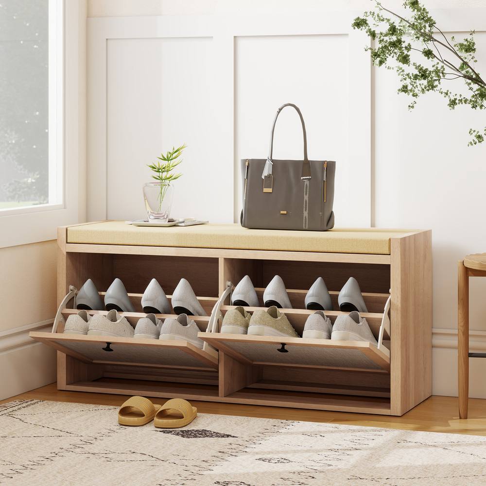 HOMCOM Rattan Shoe Bench with Padded Cushion & 2 Cabinets, Oak in Light Oak