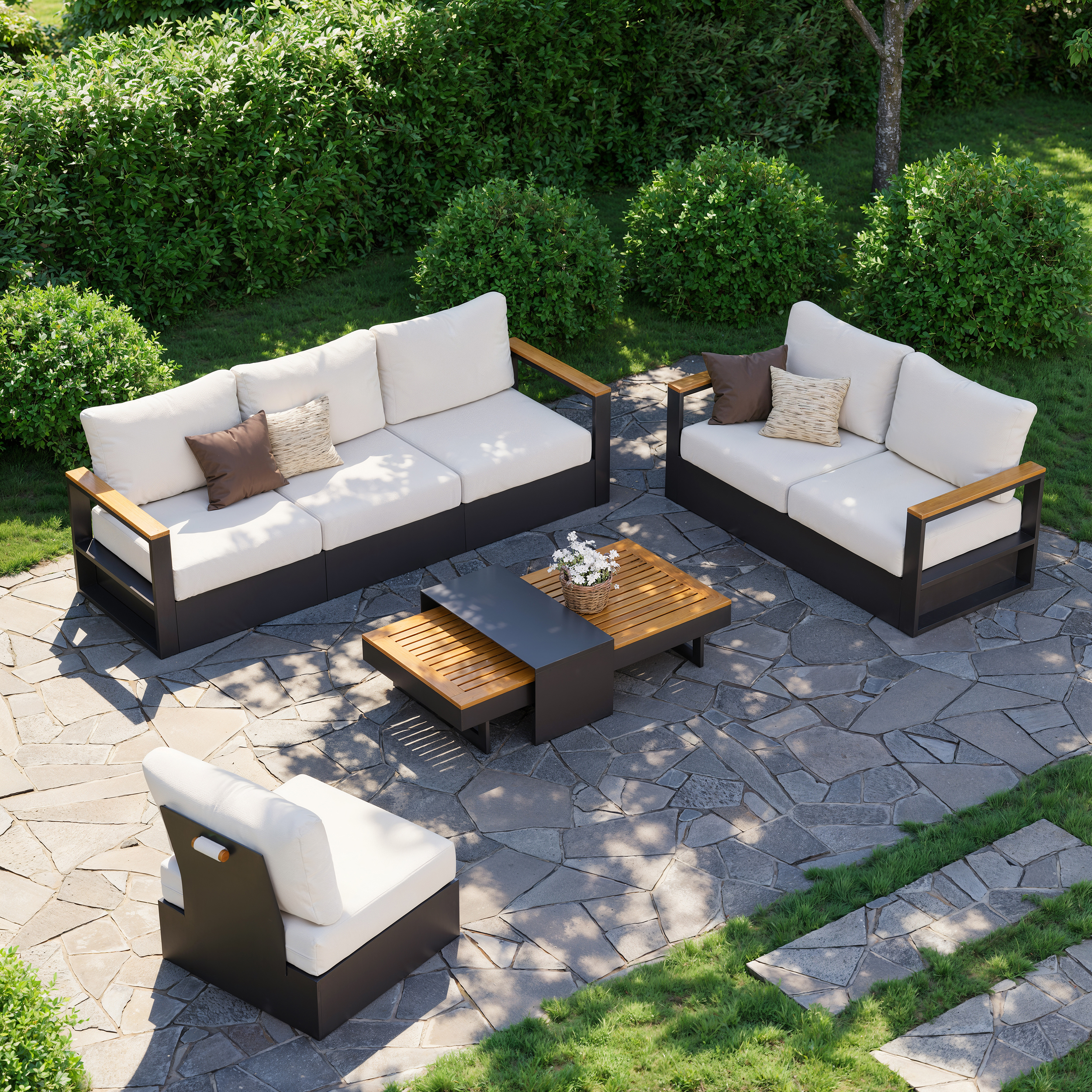 Convertible Outdoor Sectional Sofa Set with Teak & Aluminium Frame, Dark Grey & Warm White